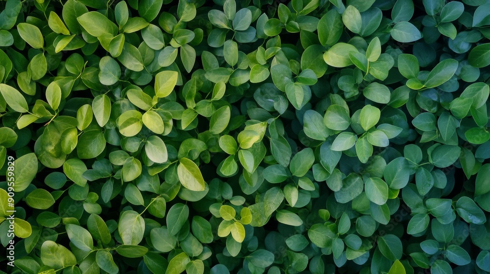 Poster symmetrical aerial view of geometric green leaves pattern textured botanical background with natural