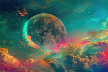 夜空と月が浮かぶカラフルなイラスト（穏やか・睡眠・絵本・瞑想・スピリチュアル）