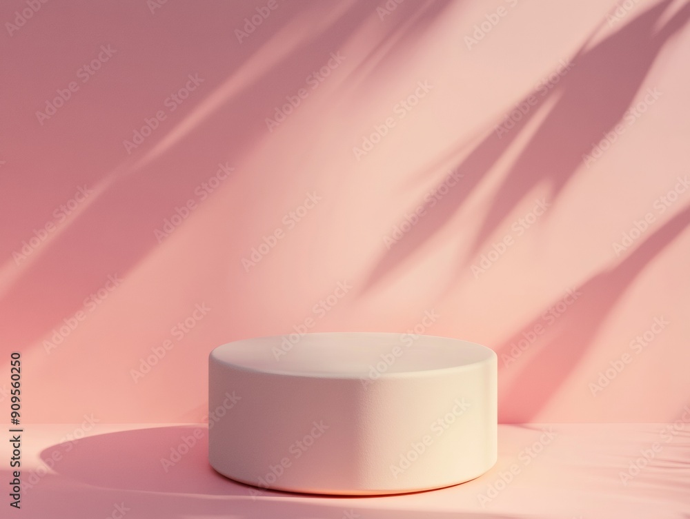 Poster neon blue cylindrical podium on soft pink background with subtle shadows - minimalist mockup for mod