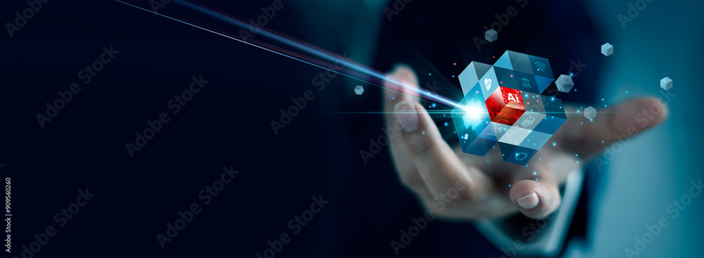 Aufkleber ai technology, machine learning, hands of businessman hold abstract cube network connection, and dat