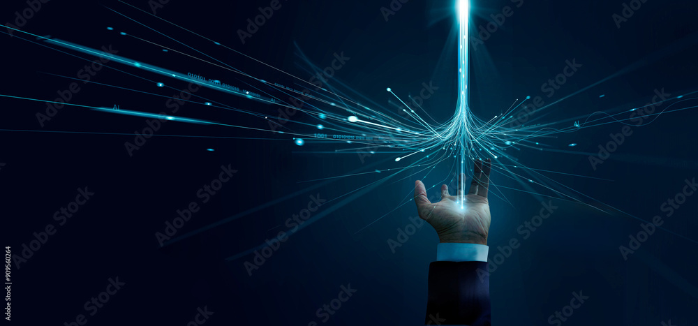 Poster Hand touch a structure global fastest data network connection, Internet and digital technology, AI, data transfer, Fast digital communication and information technology advancement for business.