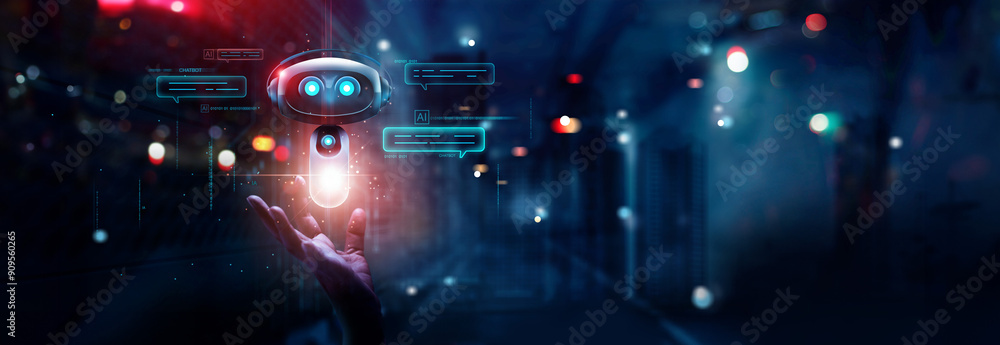 Fototapete Hand holding digital chatbot for provide access to data in online network, AI chat bot technology, Data exchange, Robot application and global connection, Machine learning, AI, Artificial intelligence