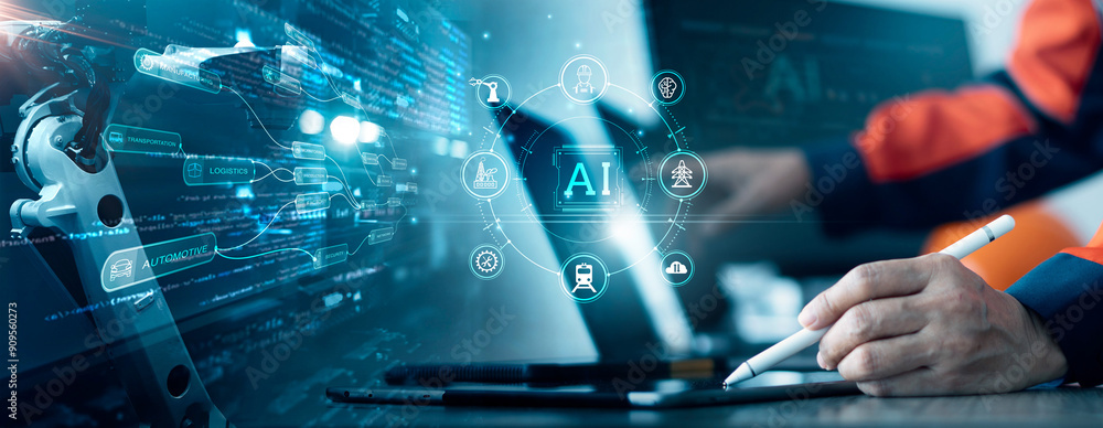 Aufkleber Industry 4.0, Ai, Smart industry factory, industrial revolution, Engineer use Ai interface record and control robotic automatic arms with monitoring Ai system software and Digital manufacturing 