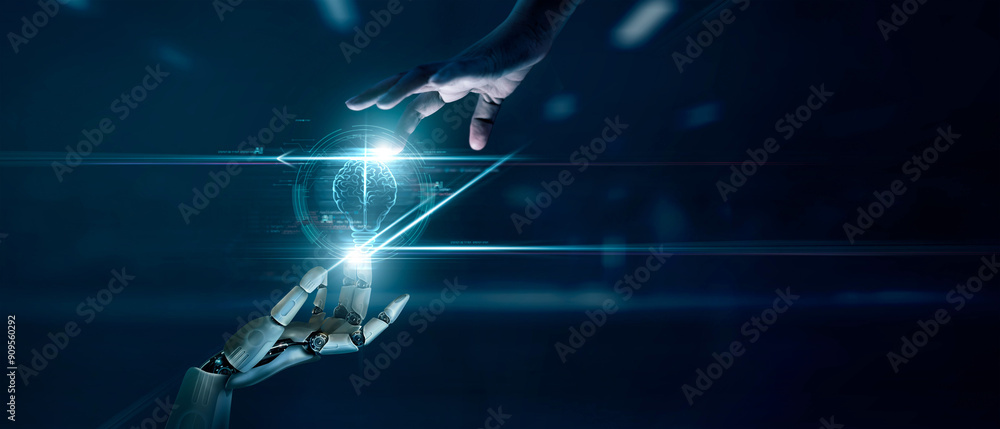 Poster AI, Machine learning, Hands of robot and human touch  on big data network connection of brain AI, Data exchange, deep learning, Science, artificial intelligence technology, innovation of futuristic.