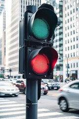 A traffic light with a green light and a red light