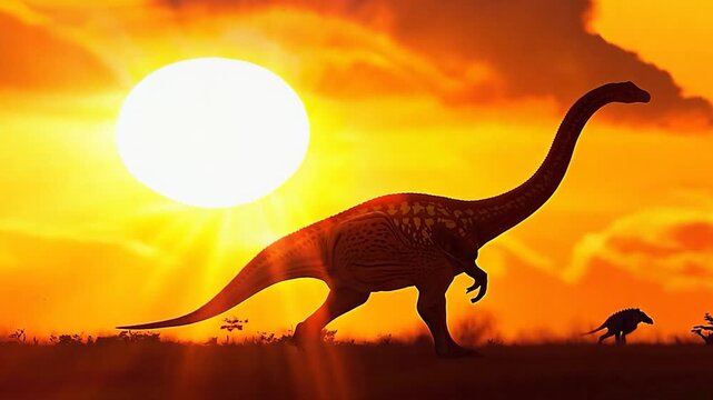 A large dinosaur strolls across the horizon, silhouetted by a brilliant sunset, while a smaller dinosaur follows in the background