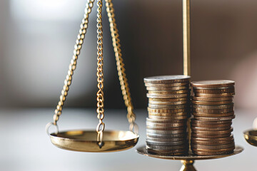 Stacked coins with balance scale, money management, and savings concept