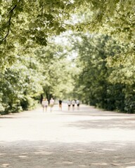 Diverse Friends Walking through Lush Forest Park, Enjoying Nature and Fresh Air on a Sunny Day