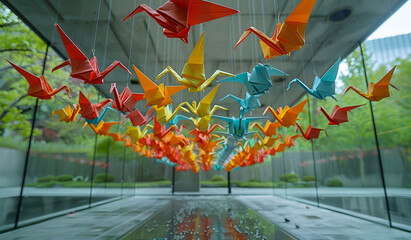 A cluster of colorful paper cranes suspended on strings, symbolizing hope