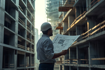 An architect in a hard hat reviewing blueprints at a construction site, standing between two unfinished buildings in an urban setting.