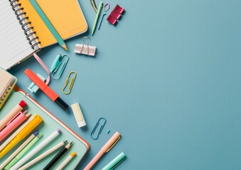 Fototapeta premium Overhead View of School Essentials on Desk with Notebooks and Pens Ready for New School Year in Bright Morning Light