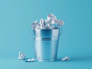 Metallic trash can with crumpled paper isolated on a blue background - ai