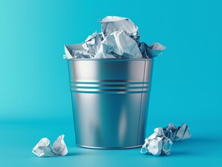 Metallic trash can with crumpled paper isolated on a blue background - ai