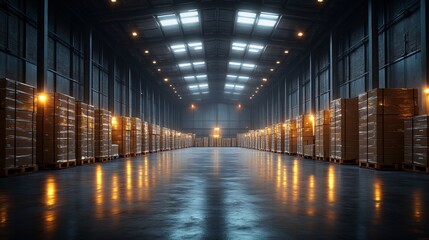 Fototapeta premium Warehouse interior with LED lighting, industry building