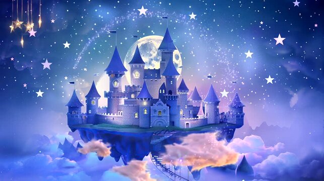 Magical castle floating in the clouds on full moon background. Seamless  looping time-lapse 4k video animation background