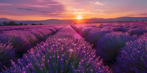 Fototapeta premium lavender field at sunset Pinkish clouds painted by setting sun over beaful lavanda field 