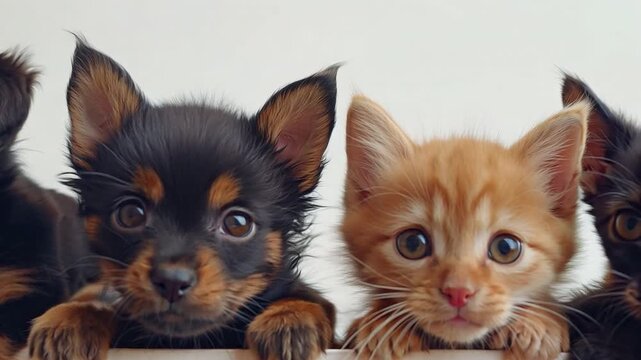 A cute picture of a dog and kitten playing looking over a white border.