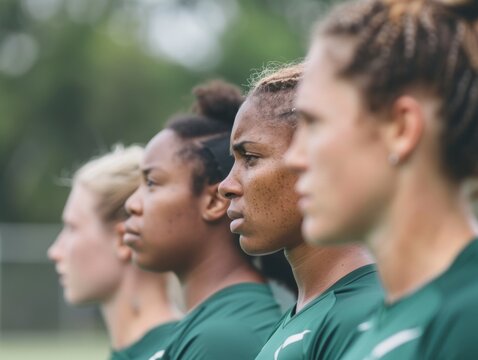 Diverse Womens Sports Team in Tactical Training Session at Outdoor Field - Morning, Focused and Determined Mood