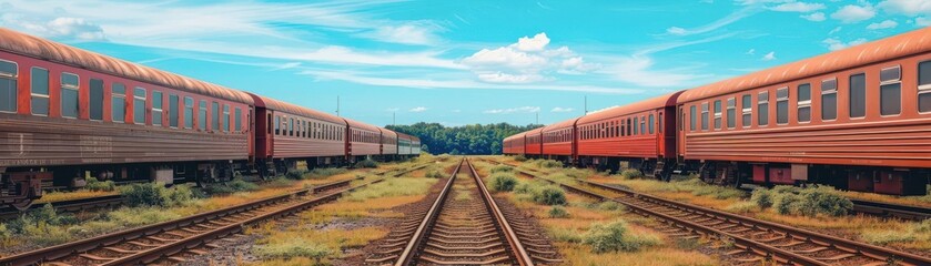 Obraz premium Abandoned train yard, rusting trains and overgrown tracks, flat design illustration