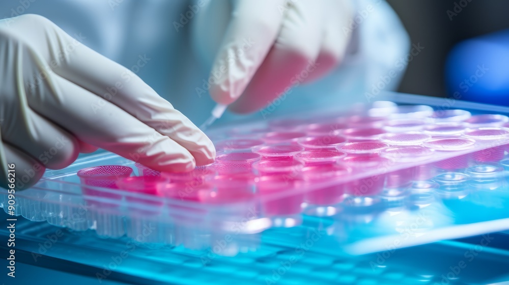 Wall mural Macro shot of doctor's hand holding a plastic plate for immunosorbent assay (elisa) in laboratory setting, close-up of scientific equipment for diagnostic testing and research applications


