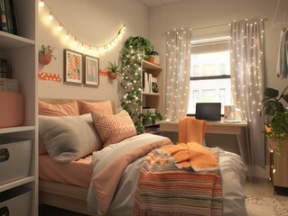 Cozy College Dorm Room with Twin Bed and Fairy Lights
