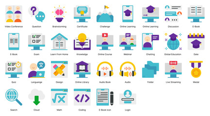 Online Learning Icon Collection in Flat Style Suitable for Web and Apps Icon, Poster, or Social media