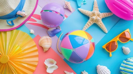 Set of summer beach accessories including a beach ball, seashells, hat, and other items, isolated on a colorful background.