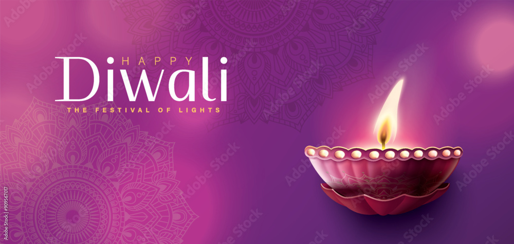 Sticker happy diwali festival with oil lamp, rangoli decoration with diya, diwali holiday background with ra