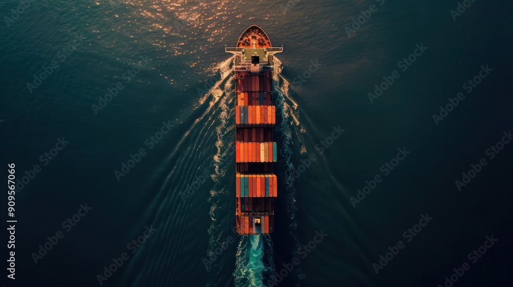 Poster top-down perspective of a cargo container business ship, emphasizing the global express shipping ope