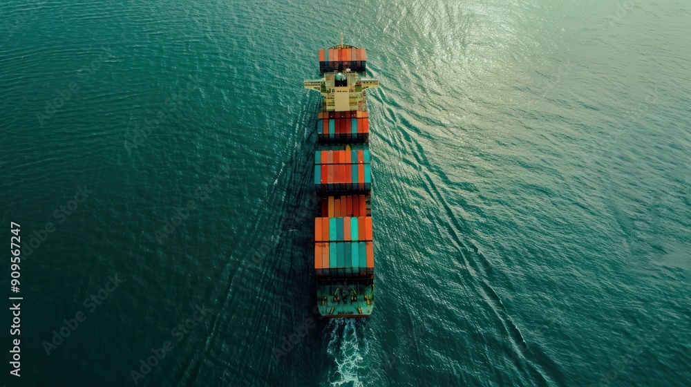 Poster top-down perspective of a cargo container business ship, emphasizing the global express shipping ope