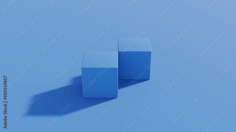 Poster monochrome abstract 3d animation: two rolling blue cubes in dynamic geometric movements and modern d
