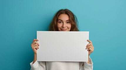 Young woman holding blank banner for advertising, information or promotion of product