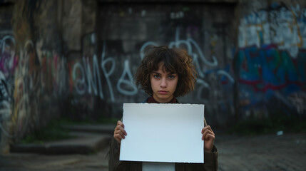 Young woman holding blank banner for advertising, information or promotion of product
