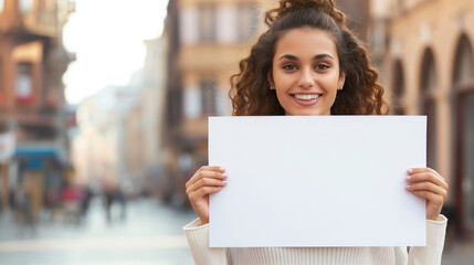 Young woman holding blank banner for advertising, information or promotion of product
