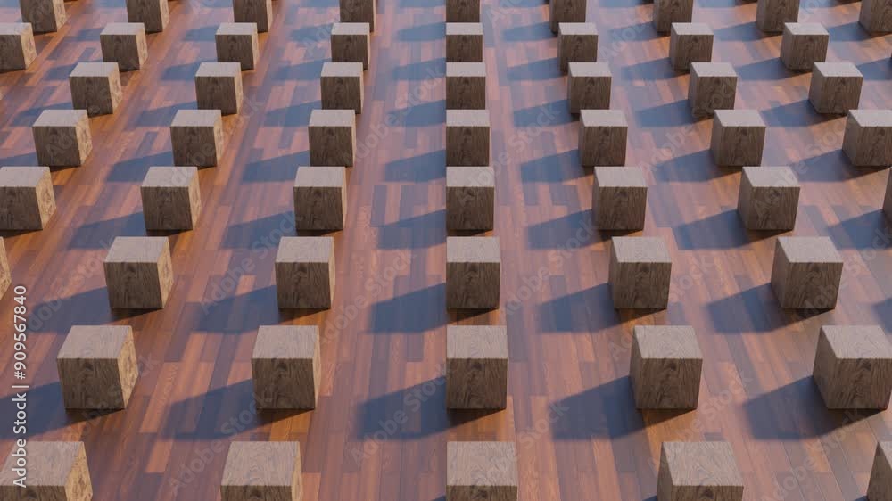 Poster wooden cubes rolling on a parquet floor: abstract 3d loop animation with modern geometric design bac