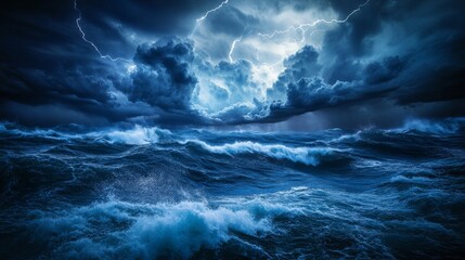 Stormy ocean waves under dark thunderstorm clouds and lightning, dramatic seascape concept