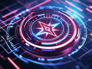 Futuristic technology design featuring a glowing star symbol on a vibrant digital interface with intricate patterns.