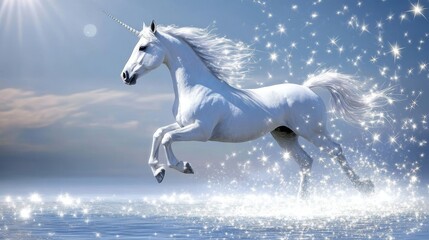 Fototapeta premium A unicorn surrounded by sparkling stars and glitter, trotting through a fantasy landscape