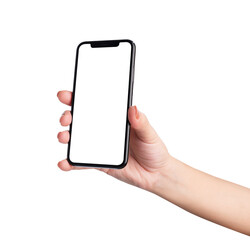 Hand holding the black smartphone with blank screen isolated on white background