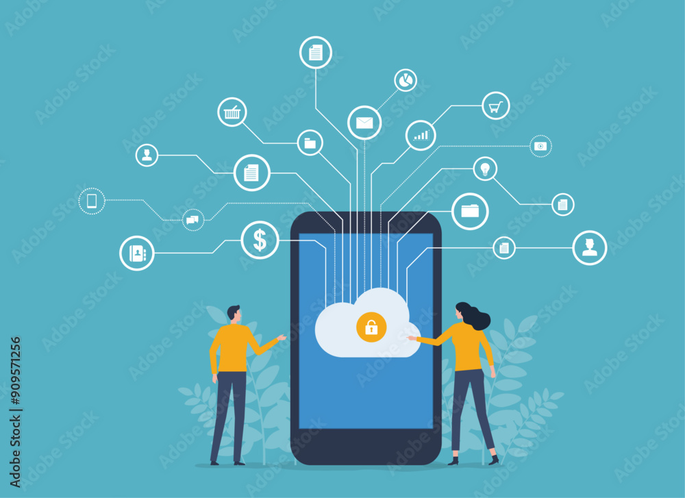 Aufkleber flat vector business technology cloud computing service concept with developer team working concept	
