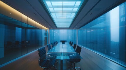 A corporate boardroom with an equal representation of genders in leadership