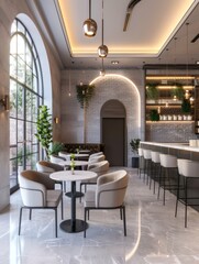 a professional modern cafe featuring chic decor and a stylish interior, exuding an urban vibe and elegant design.