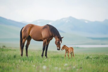 Obraz premium A whimsical image of a horse and foal nuzzling each other in a green pasture, capturing their tender bond