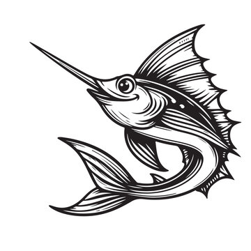 black and white swordfish swimming upwards clip art preview