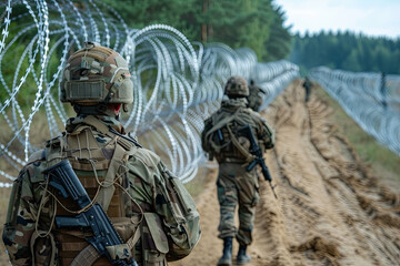 Obraz premium Armed military guards at the barbed wire border, protecting against illegal immigration