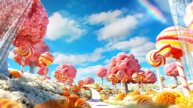 Fantasy landscape with colorful candy and pink trees. Seamless looping time-lapse 4k video animation background
