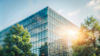 Urban Glass Building with Tree-Filled Foreground and Sunlight Blur
