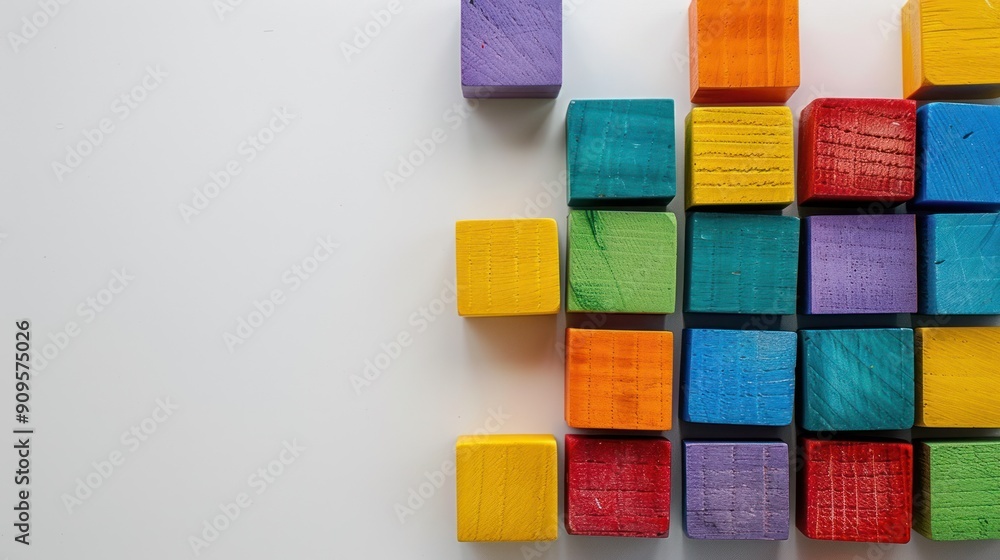 Poster colorful building blocks stacked in a playful pattern on a white background.