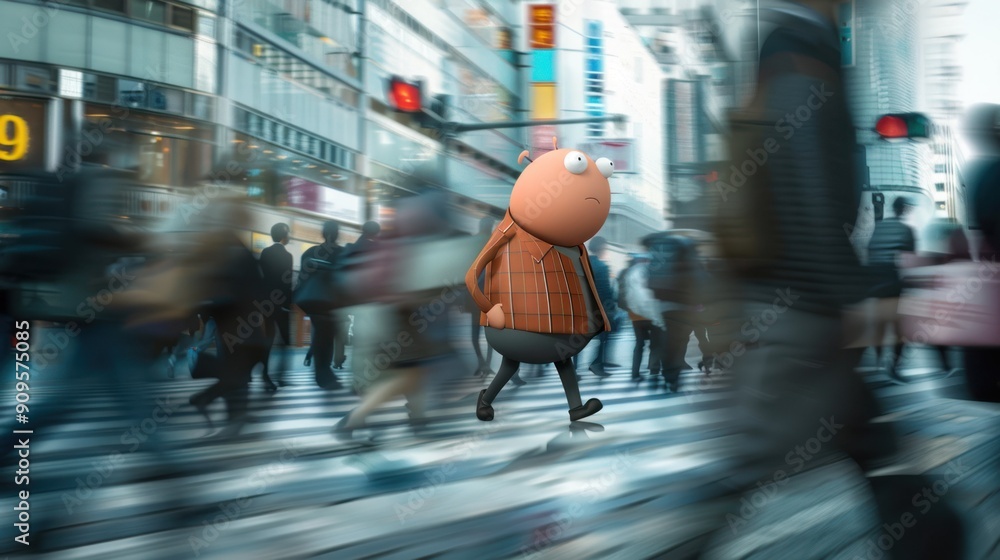 Poster comical character in a busy setting.