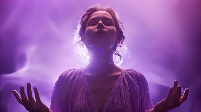 Mystical woman performing meditation in ethereal light during evening in enchanted forest